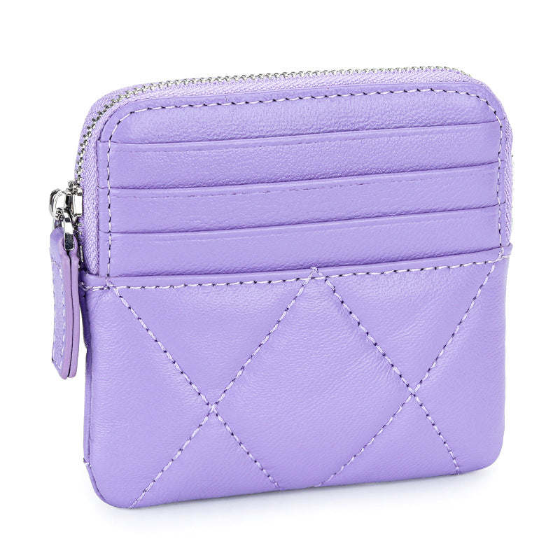 Women's Sheepskin Fashion Genuine Leather Embroidered Plaid Multiple Slots Coin Purses