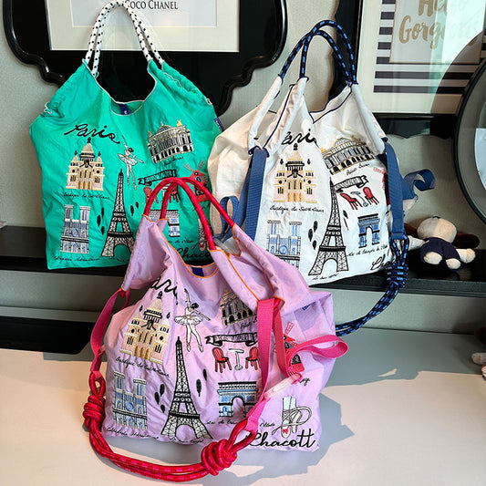 Iron Tower Embroidery Shopping Large Capacity Handbags