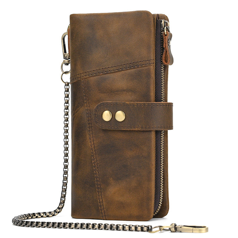 Men's Vintage Leather Brushed Long Cowhide Stitching Multiple Slots Fashion Men's Wallets