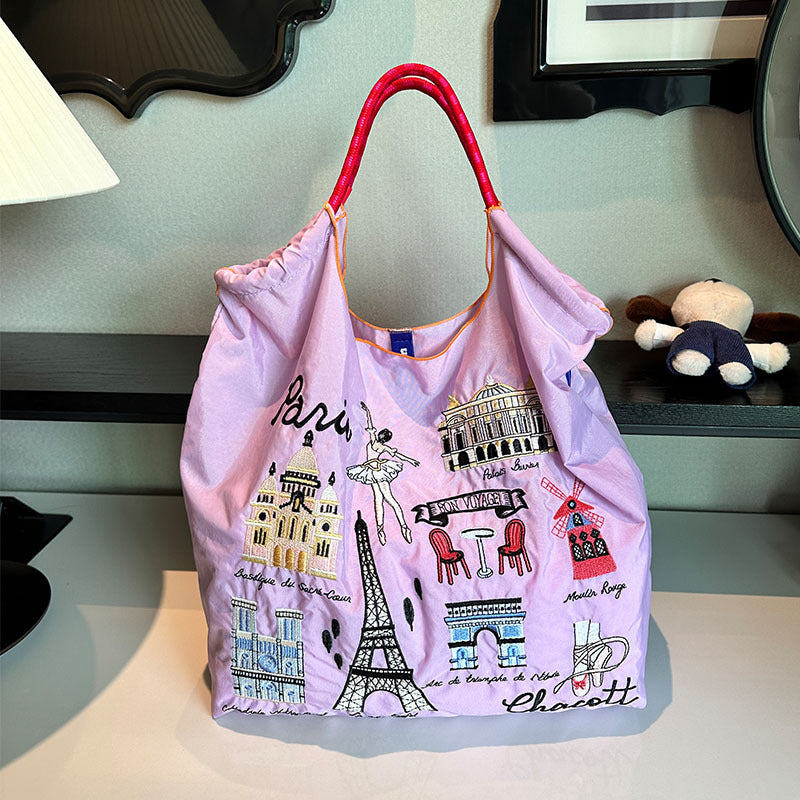 Iron Tower Embroidery Shopping Large Capacity Handbags