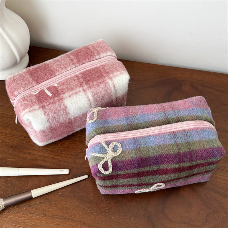 Plaid Woolen Bow Storage Large Capacity Wash Makeup Bag