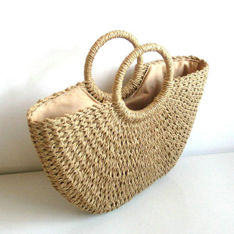 Simple Solid Color Woven Retro Style Vacation Bags