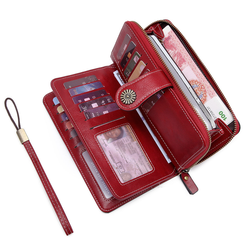 Women's Mobile Oil Leather Hand Long Zipper Coin Purses