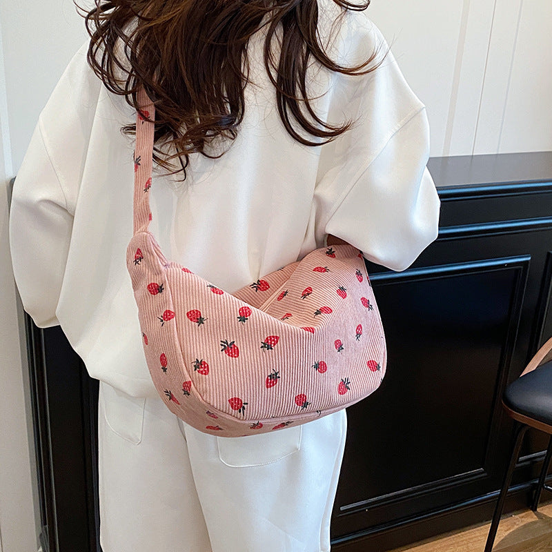 Trendy Female Strawberry Corduroy Large Capacity Shoulder Bags