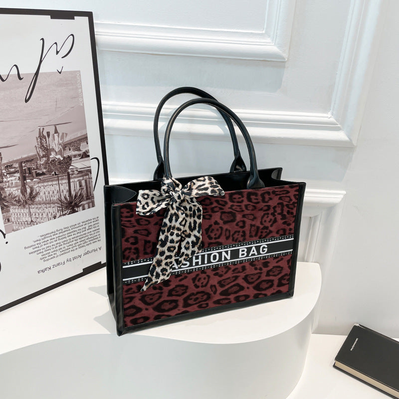 Women's Style Silk Scarf Bow Spring Large Capacity Fashion Leopard Print Women's Shoulder Bag