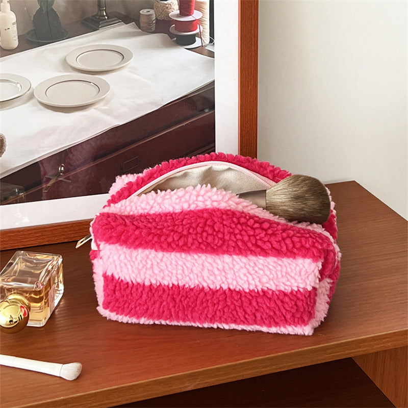 Striped Plush Large Capacity Pencil Wash Portable Storage Bags