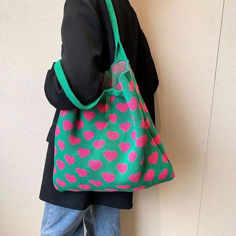Sister Striped Knitted Large Capacity Woven Women's Shoulder Bag