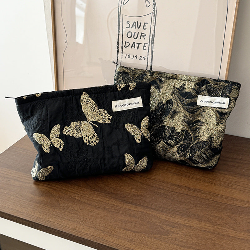 Gold Silk Butterfly Fabric Storage Clutch Canvas Makeup Bag