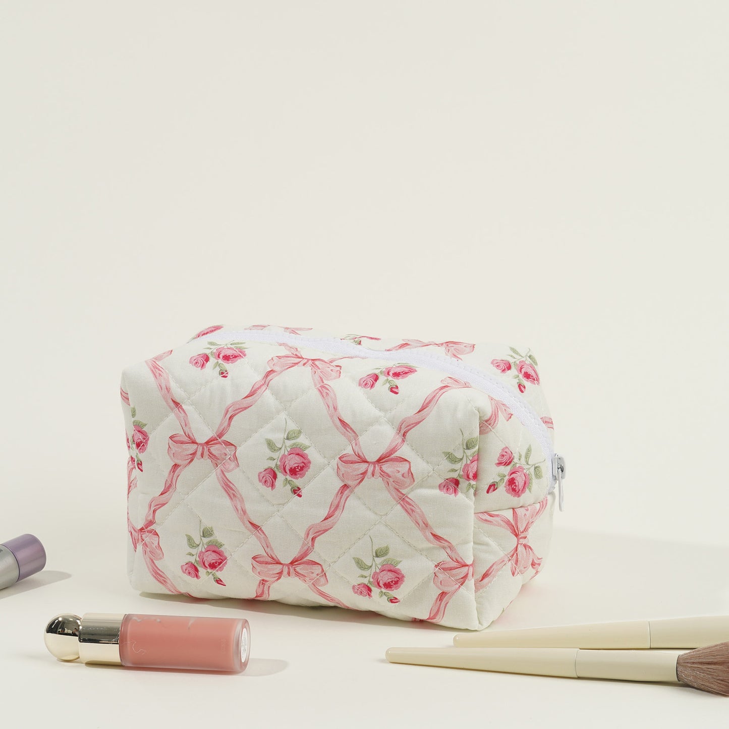 Quilted Large Capacity Bow Printed Rose Cosmetic Bags