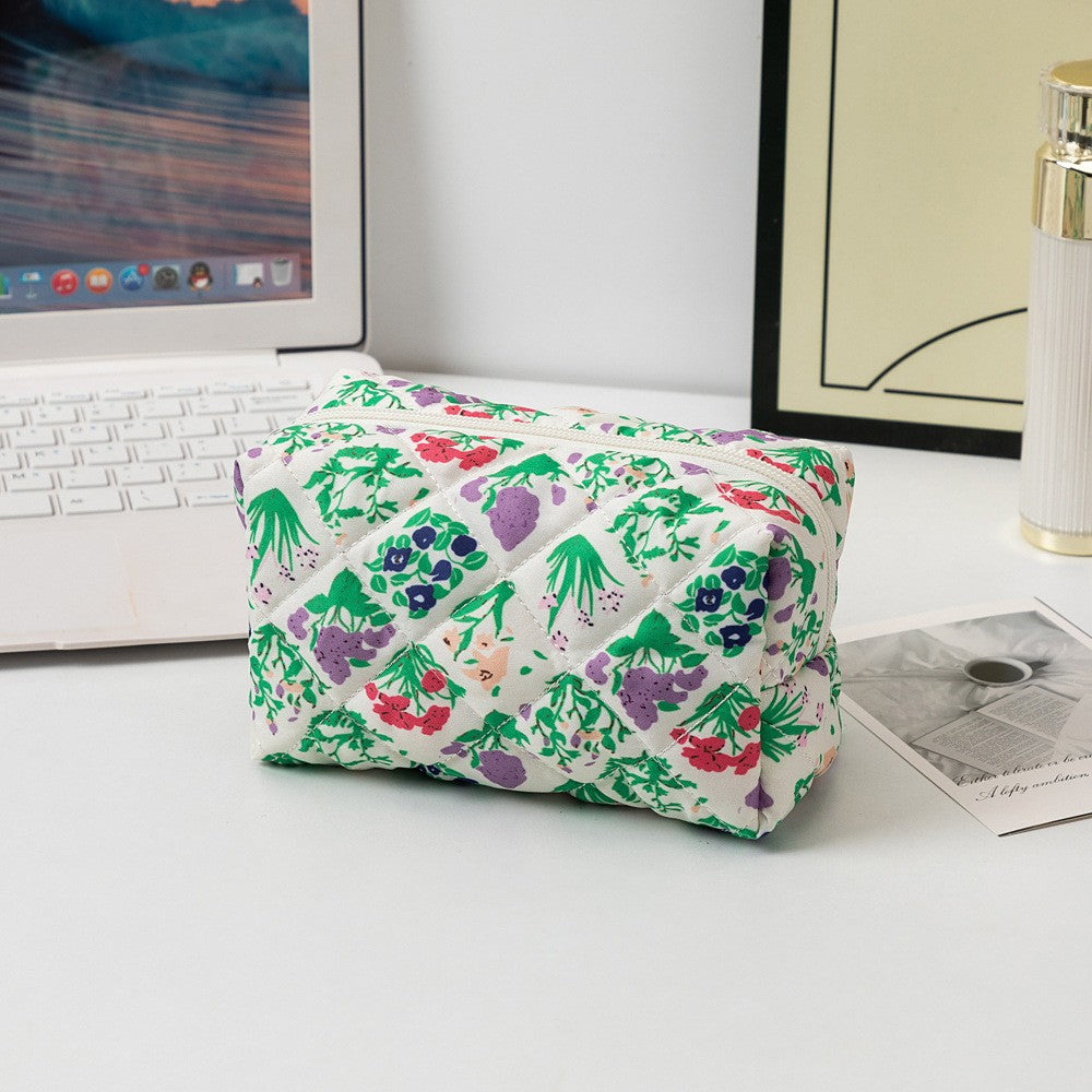 Floral Quilted Toiletries Portable Cosmetics Storage Makeup Bag