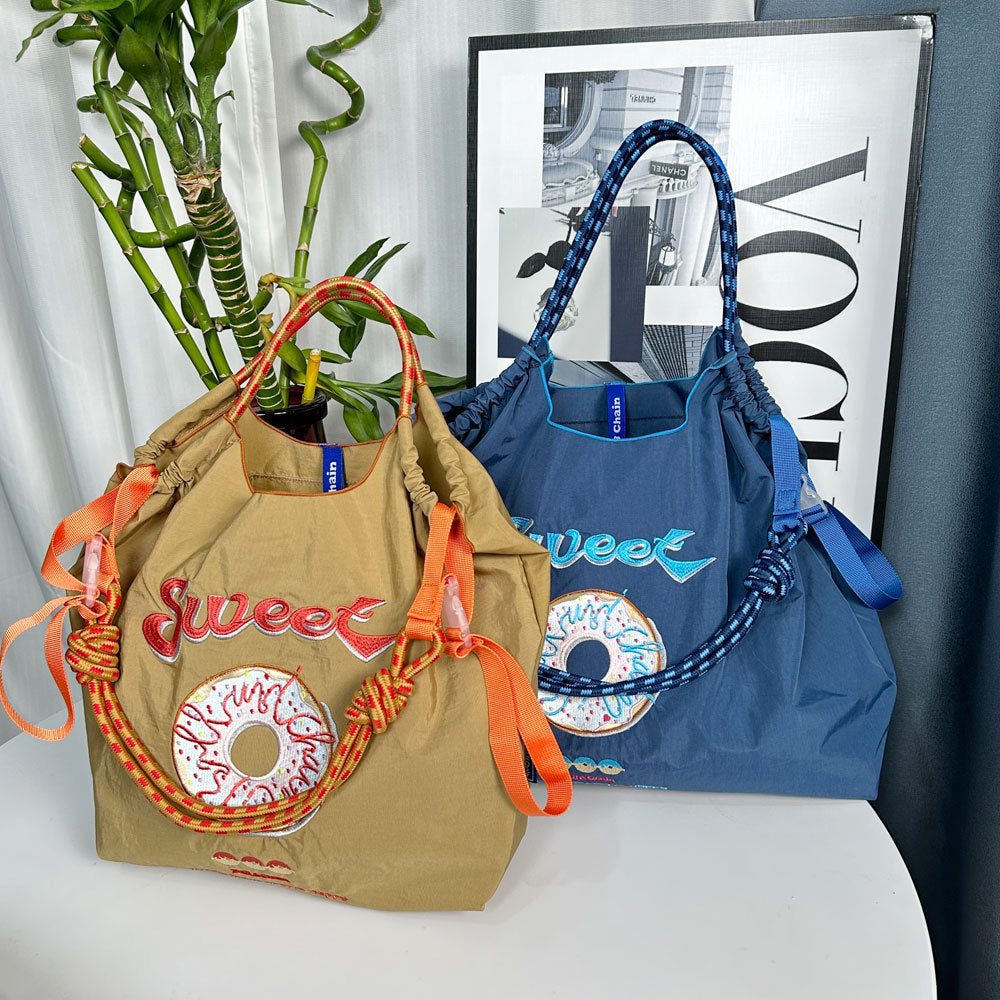 Donut Embroidery Shopping Large Capacity Nylon Handbags