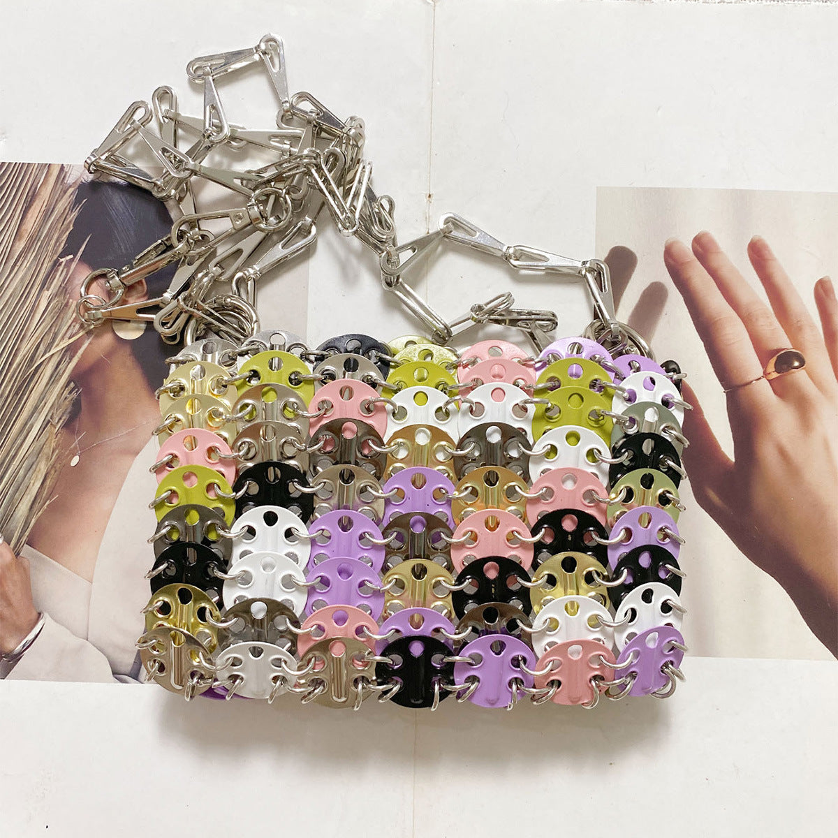 Women's Retro Metal Sequins Chain Hand-woven Sequin Underarm Mobile Phone Bags