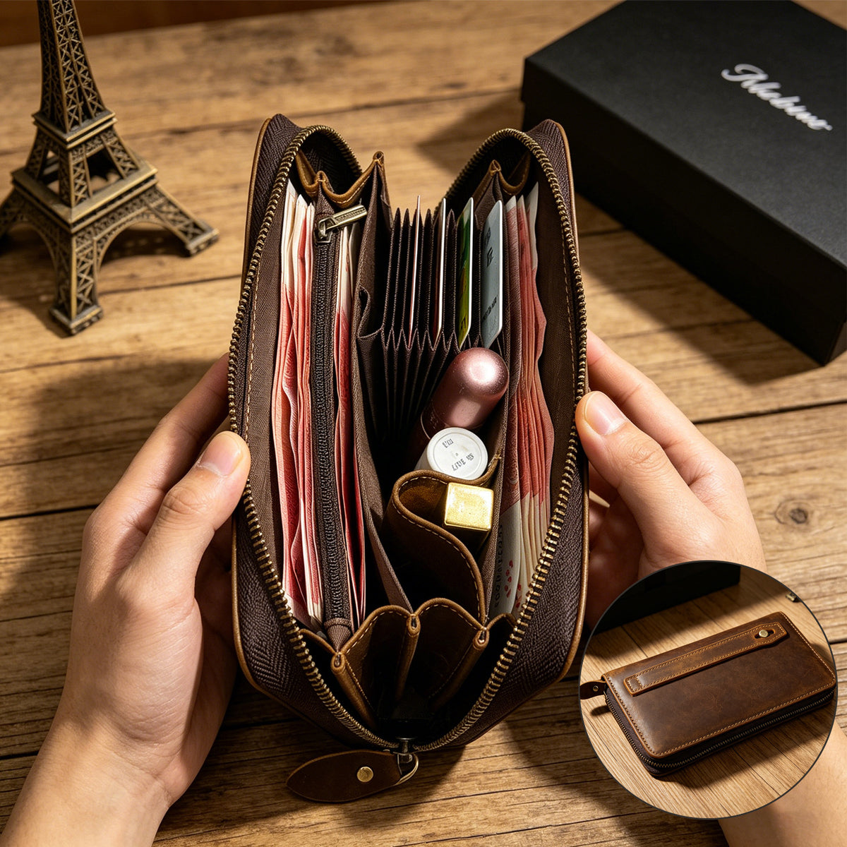 Men's Horse Leather Long Genuine Zipper Multiple Slots Men's Wallet