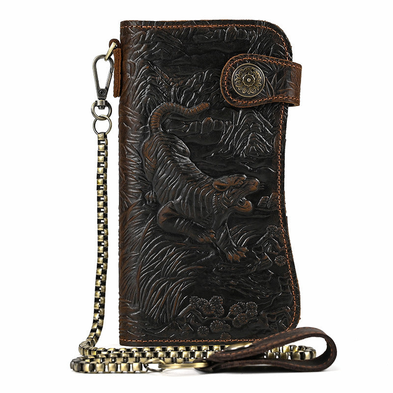 Men's Long Genuine Leather Crazy Horse Dragon Pattern Iron Chain Men's Wallet