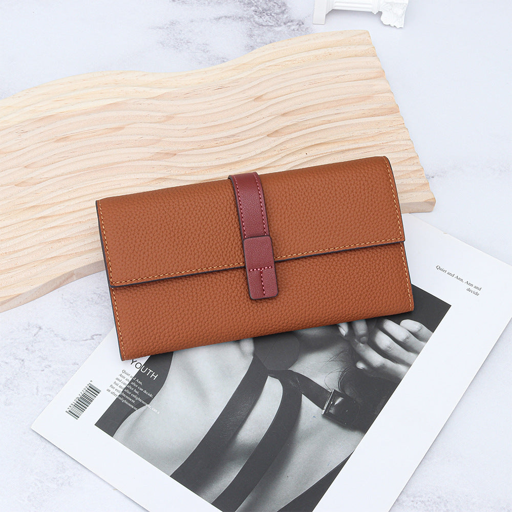 First Layer Cowhide Long Fashion Color Contrast Clutch Large Capacity Phone Bags