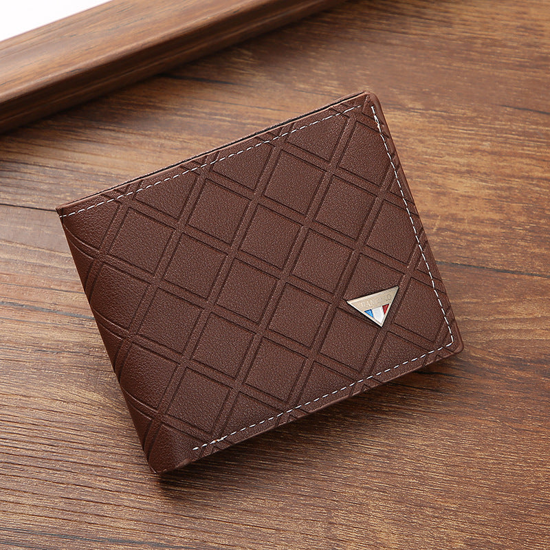 Men's Short Male Youth Plaid Multiple Slots Thin Soft Leather Geometric Coin Purses