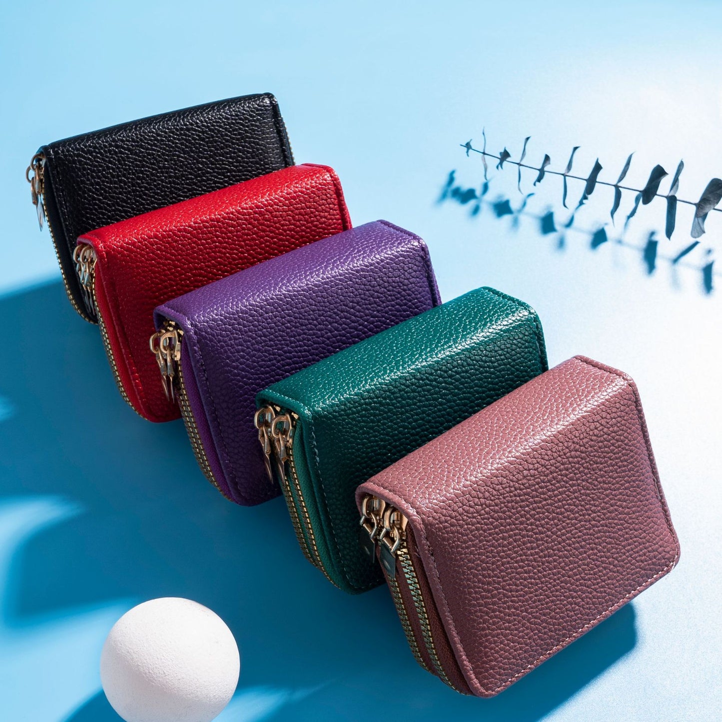 Women's Short Litchi Pattern Double Zipper Document Card Holder