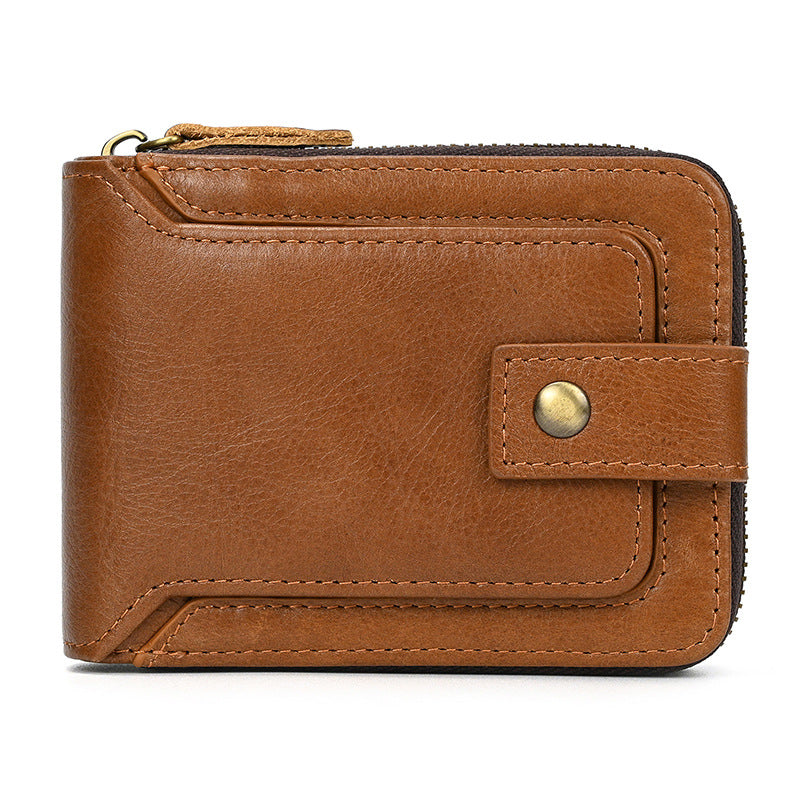 Men's Leather Snap Button Cowhide Zipper With Two Men's Wallet