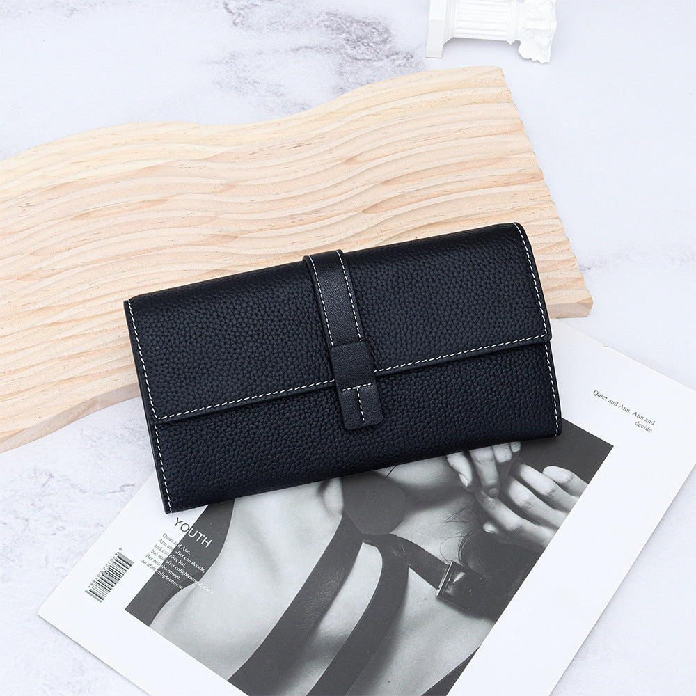 First Layer Cowhide Long Fashion Color Contrast Clutch Large Capacity Phone Bags