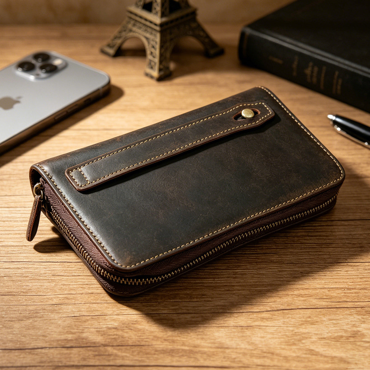 Men's Horse Leather Long Genuine Zipper Multiple Slots Men's Wallet