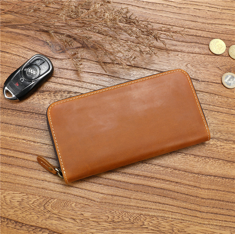 Men's Cowhide Large Capacity Real Long Zipper Handbags