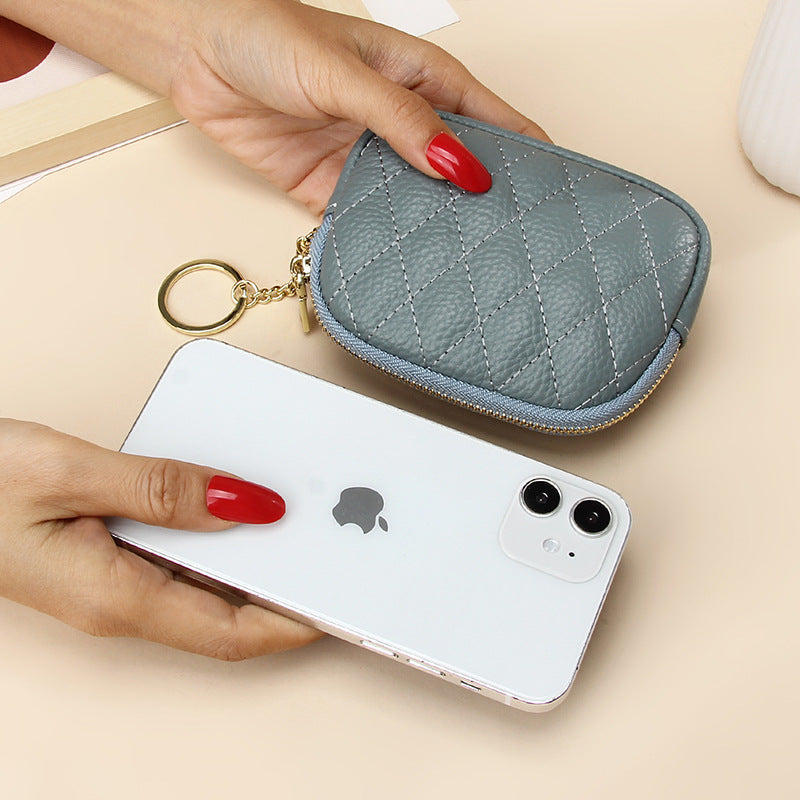 Cowhide Zipper Pocket Diamond Chain Mini Female Purses