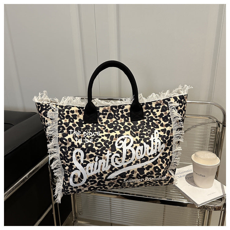 Capacity Leisure Leopard Print Canvas Printed Letter Commuter Portable Women's Shoulder Bag