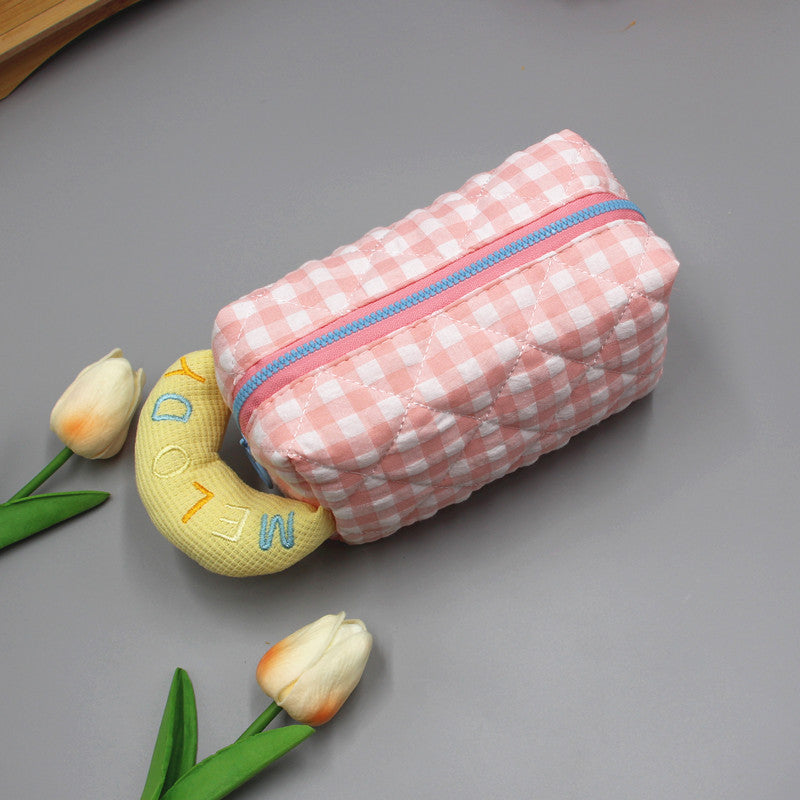 Women's Large Capacity Checked Cloth Pencil Embroidery Cotton Cosmetics Storage Makeup Bag