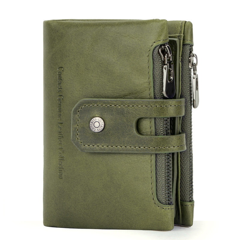 Men's Double Zipper Cowhide Retro Crazy Horse Buckle