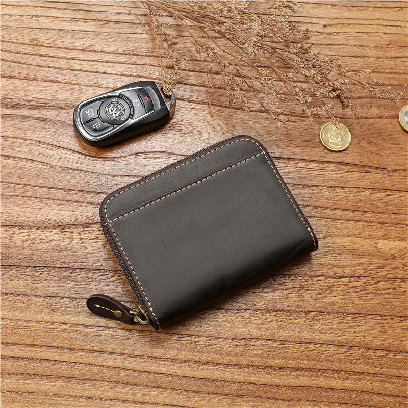 Men's Crazy Horse First Layer Cowhide Short Leather Zipper Simple Driving Purses