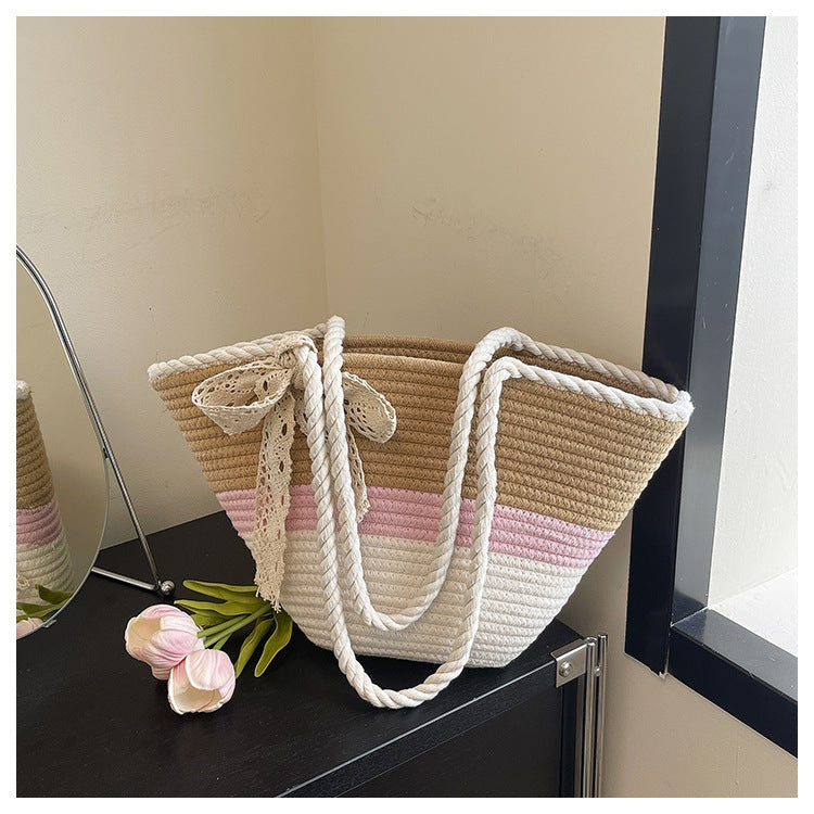 Summer Contrast Color Vacation Beach Mori Leisure Striped Large Capacity Women's Shoulder Bag