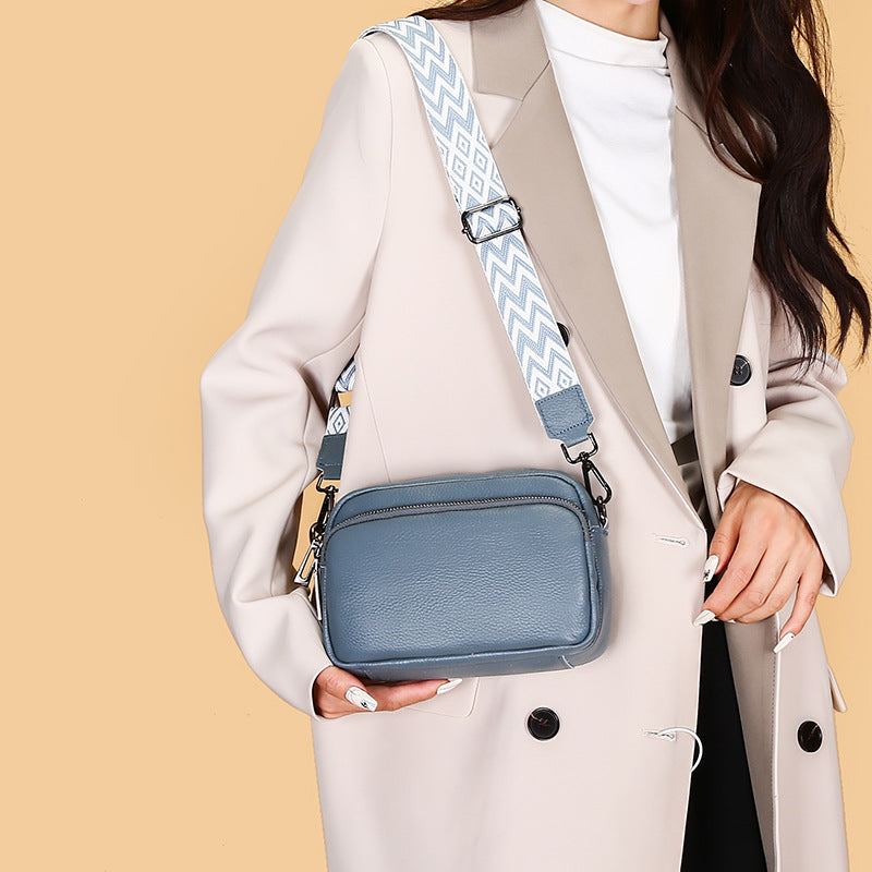 Women's Layer Cowhide Genuine Leather Woven Wide Women's Messenger Bag