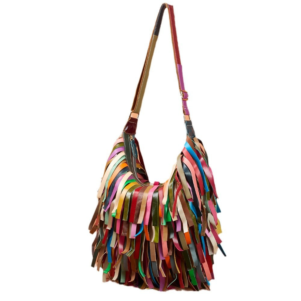 Women's Genuine Leather Bohemian Retro Tassel Contrast Color Women's Shoulder Bag