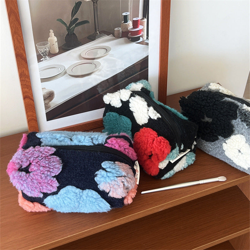 Striped Plush Large Capacity Pencil Wash Portable Storage Bags