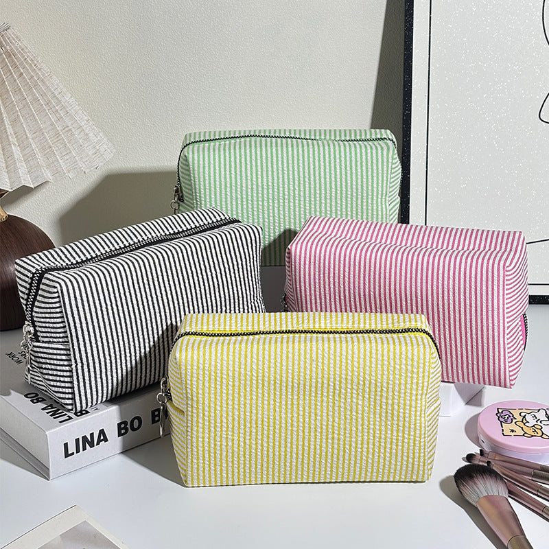 Striped Make-up Large Capacity Seersucker Embroidered Portable Out Makeup Bag