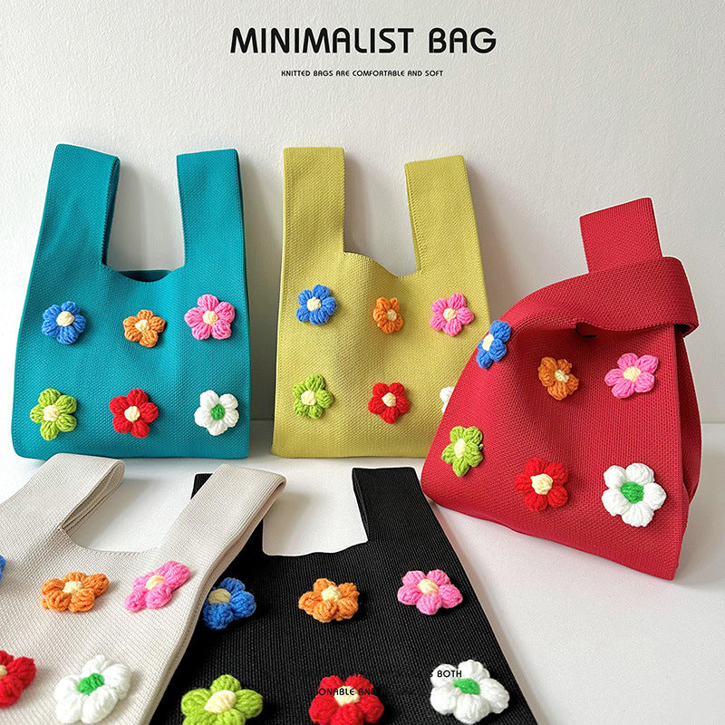 Design Cute Colored Flowers Knitted Versatile Handbags