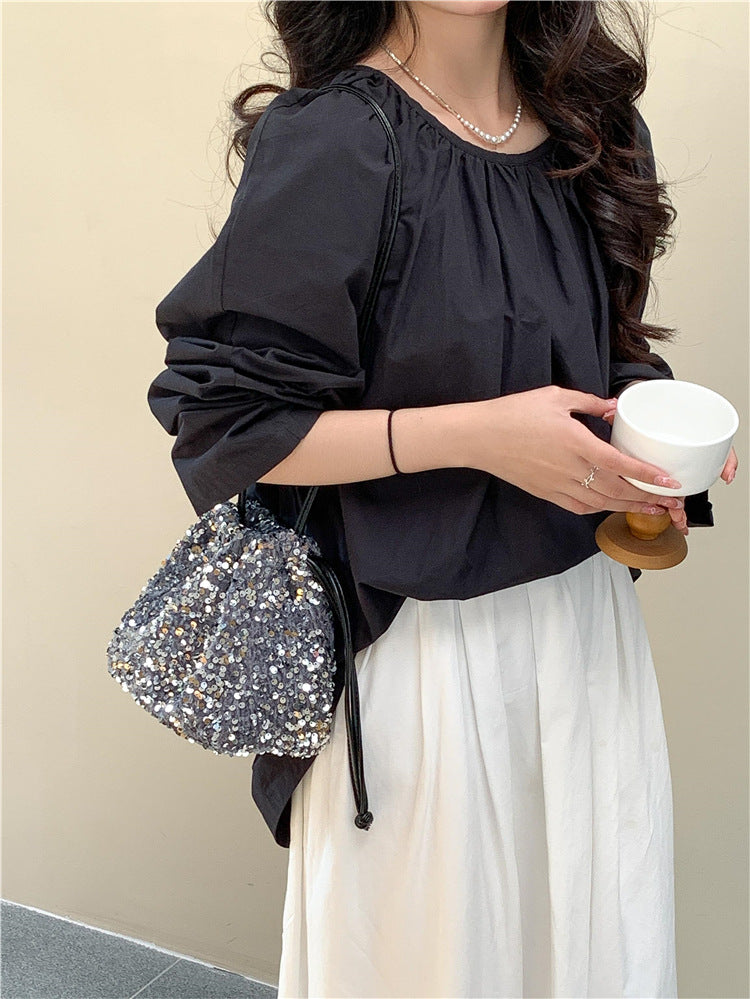 Female Drawstring Pleated Design Soft Portable Crossbody Bags