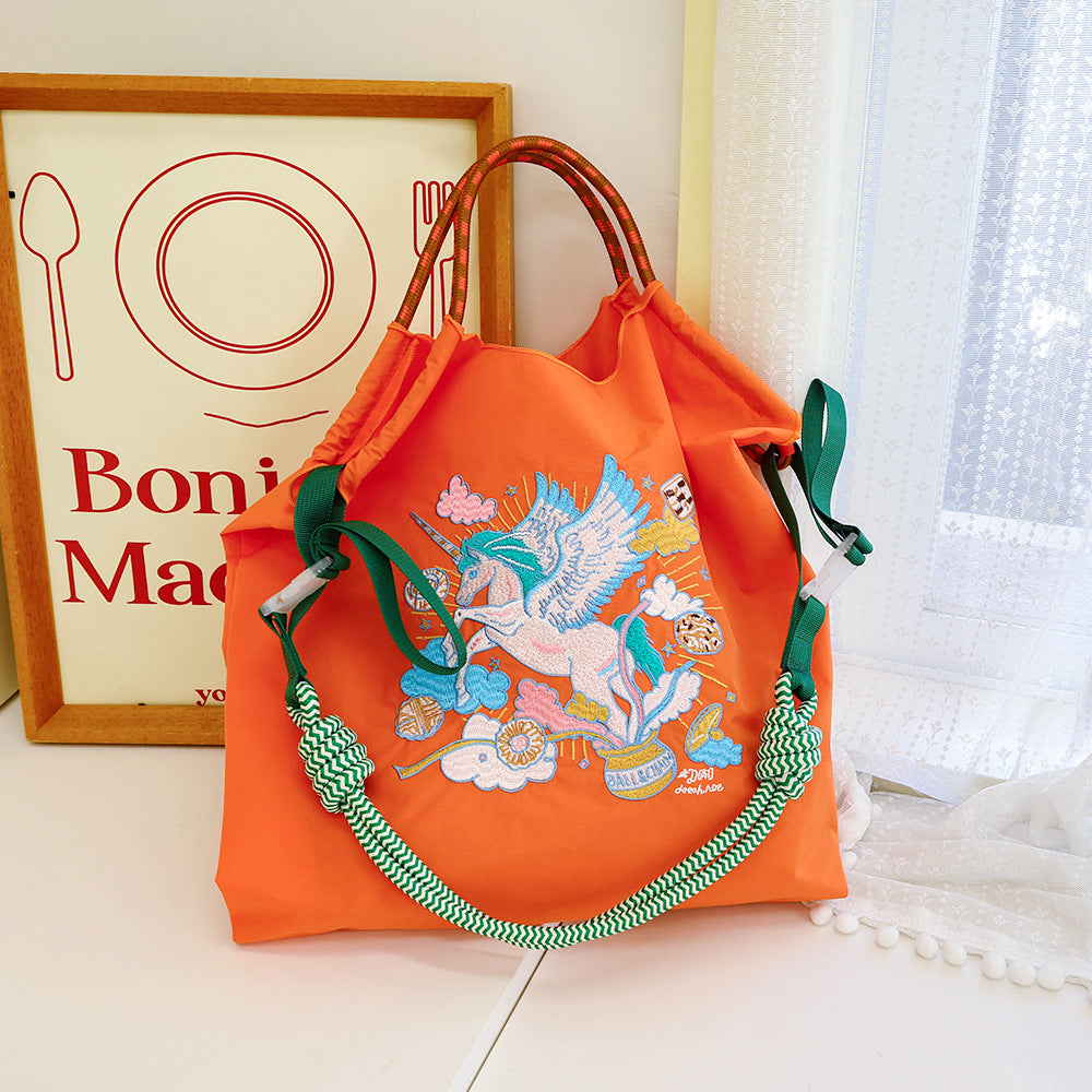 Lucky Horse Cartoon Waterproof Nylon Needle Embroidery Fashion Commuter Large Shoulder Bags