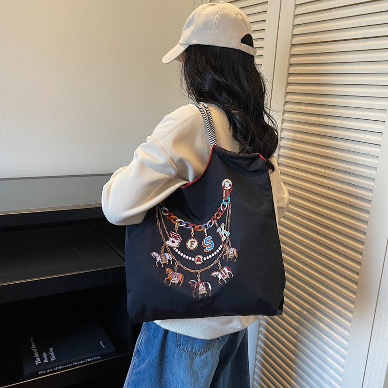 Large Capacity Blue Bottle Embroidered Canvas Leisure Embroidery Handbags