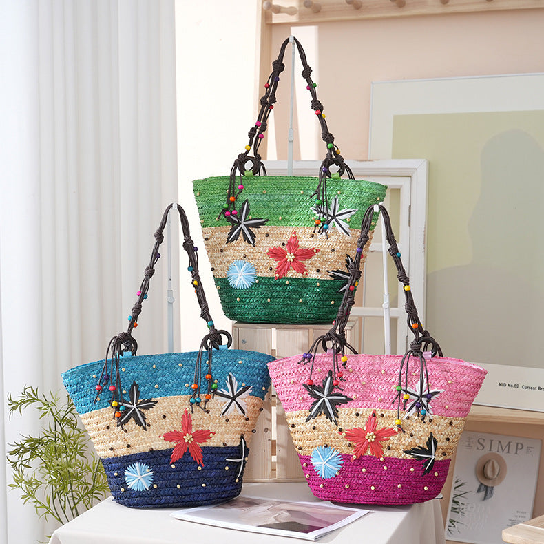 Women's Straw Grass Hand-knitted Embroidered Three-color Starry Sky Wooden Bead Woven Bags