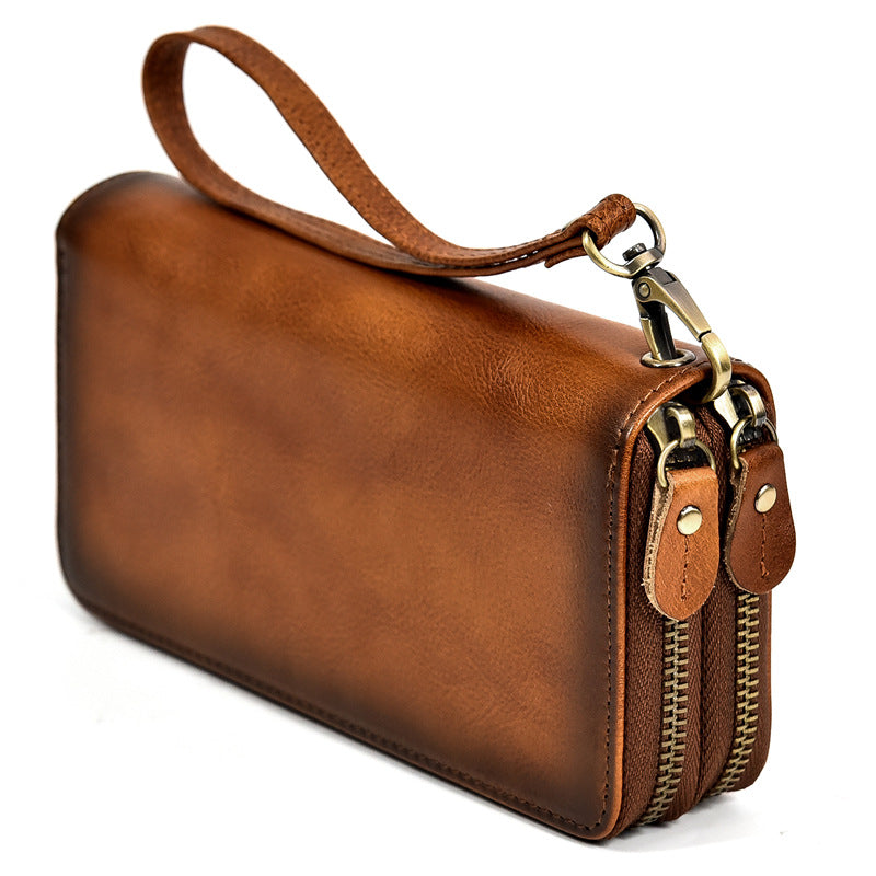 Men's Crazy Horse Leather Long Real Zipper Cowhide Clutch Men's Wallet