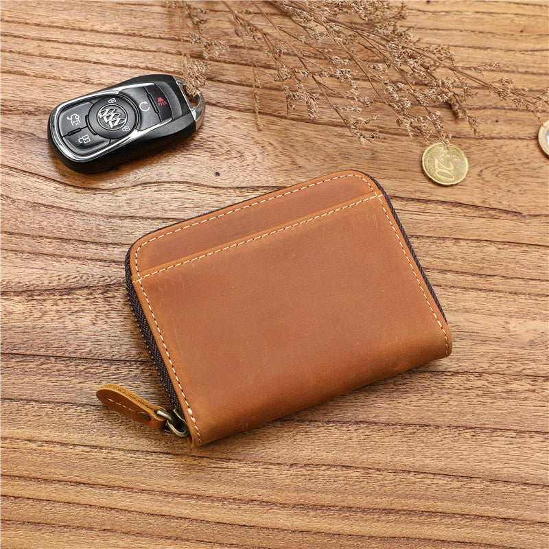 Men's Crazy Horse First Layer Cowhide Short Leather Zipper Simple Driving Purses