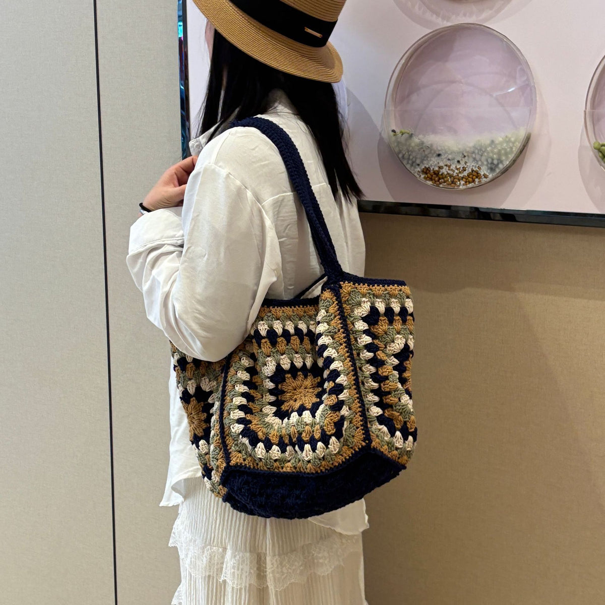 Women's Large Capacity Straw Single Grandma Plaid Women's Shoulder Bag