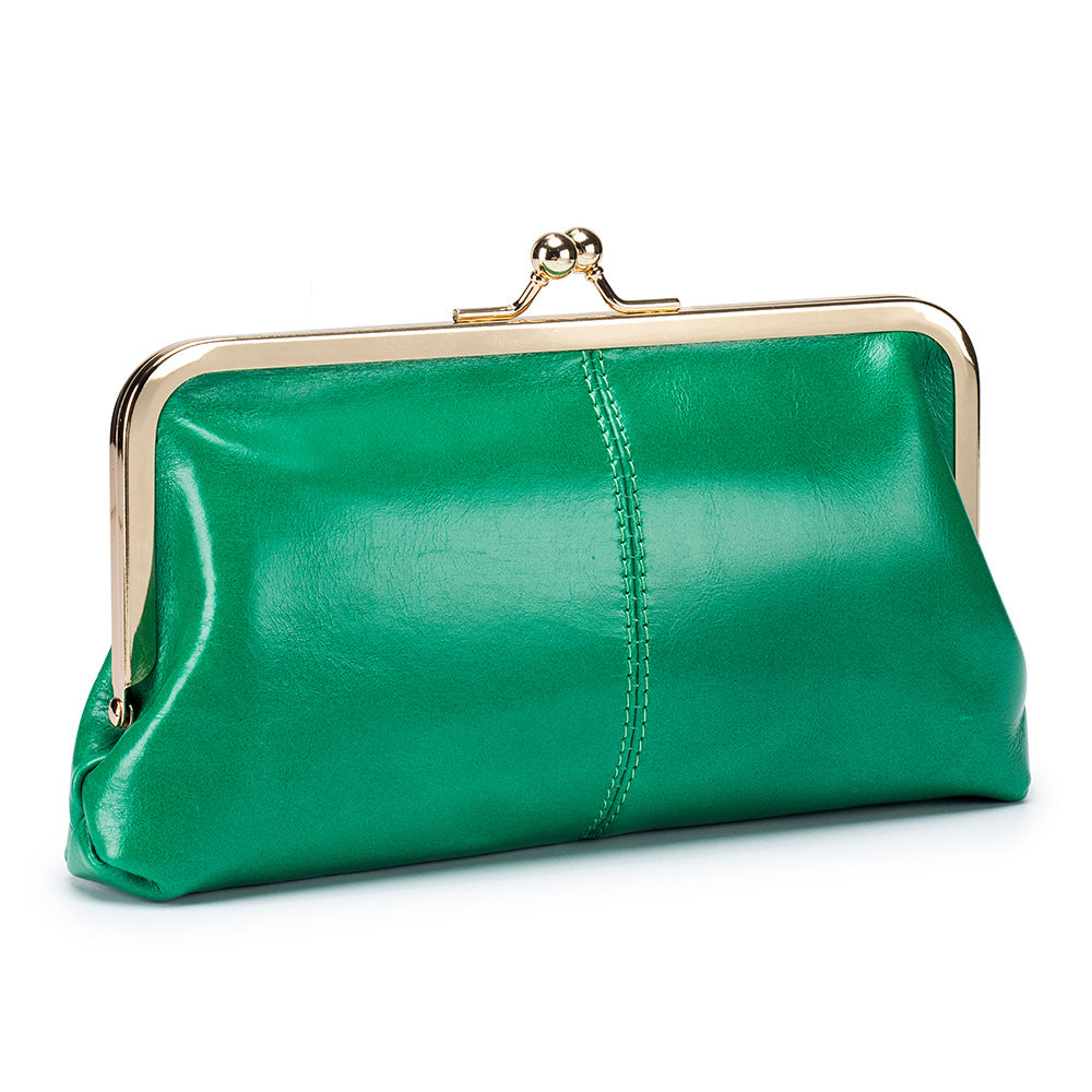 Genuine Leather Retro Clip Long Clutch Simple Frame Storage Handbags