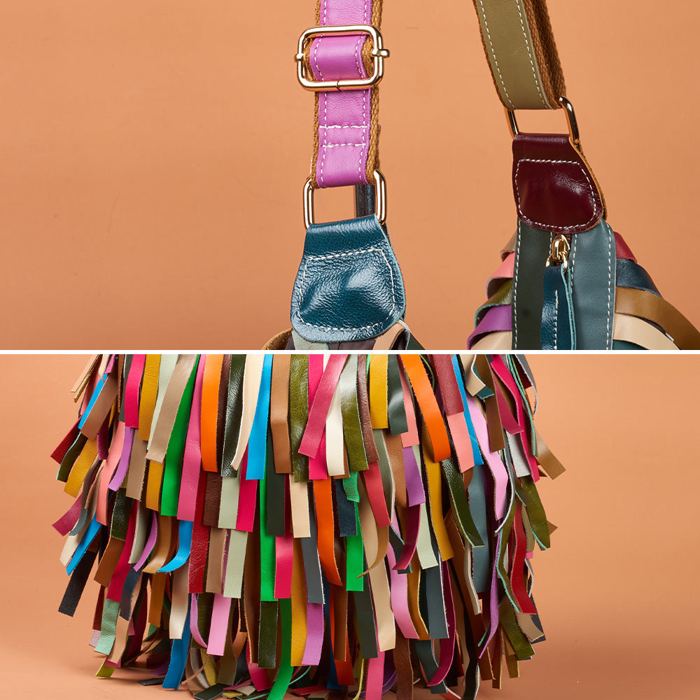 Women's Genuine Leather Bohemian Retro Tassel Contrast Color Women's Shoulder Bag