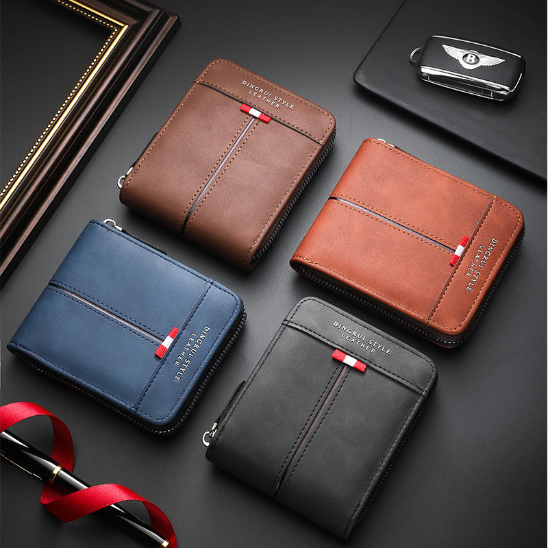 Men's Short Horizontal Zipper Vintage Cubic Men's Wallet