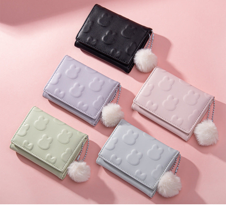 Korean Style Simple Cute Rabbit Design Fur Ball Ladies Wallets