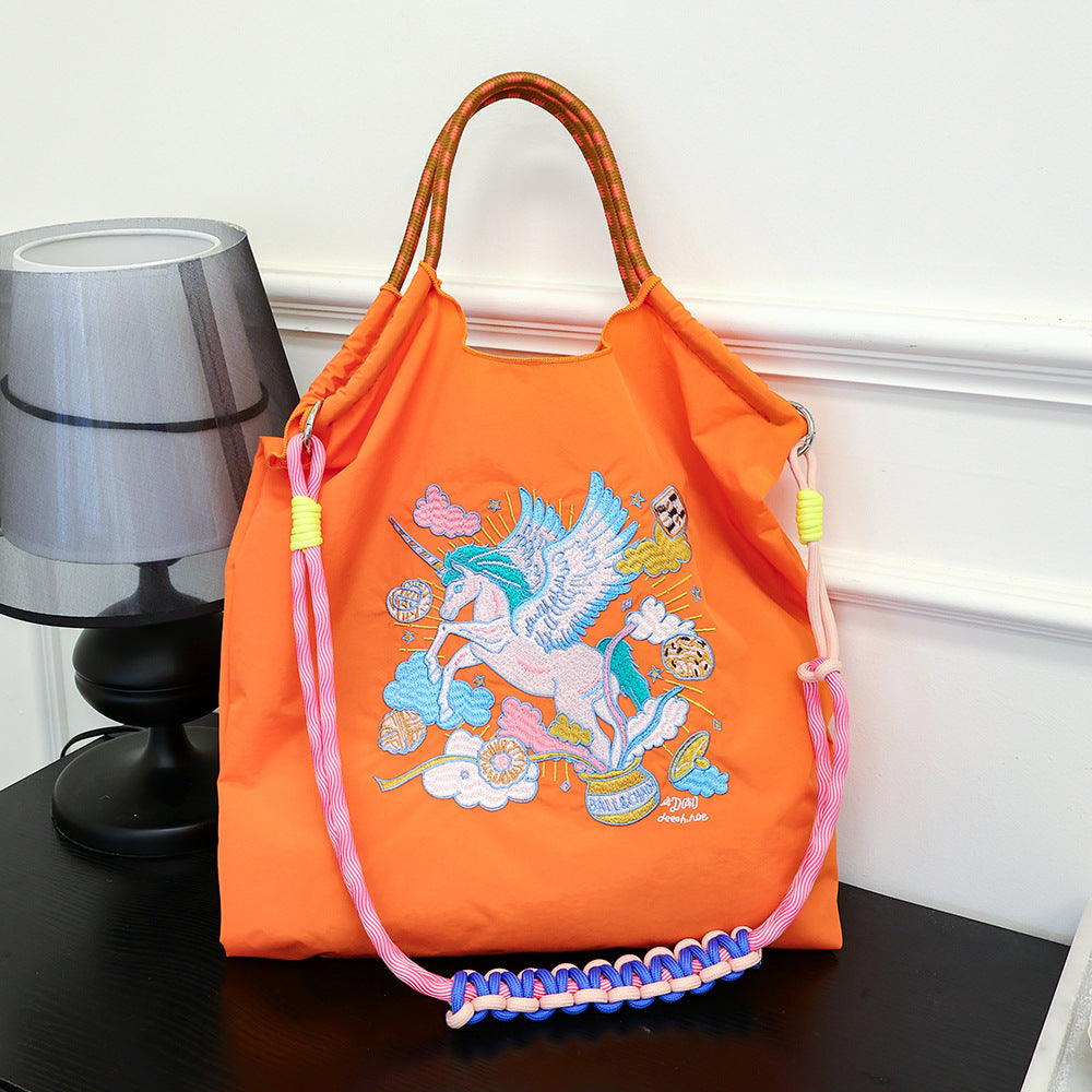 Lucky Horse Cartoon Waterproof Nylon Needle Embroidery Fashion Commuter Large Shoulder Bags