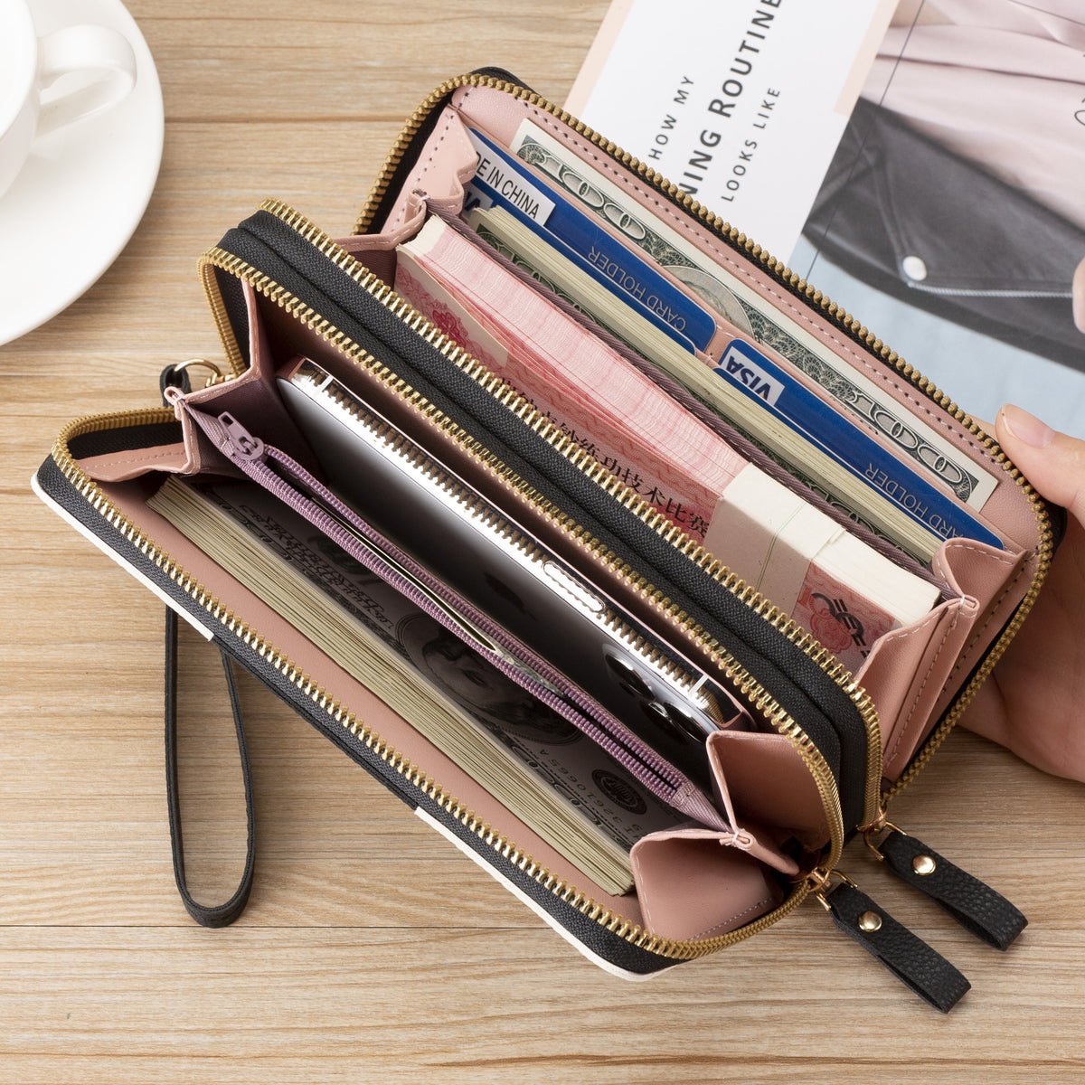 Women's Lady Long Three-color Stitching Simple Zipper Mobile Billfold Phone Bags