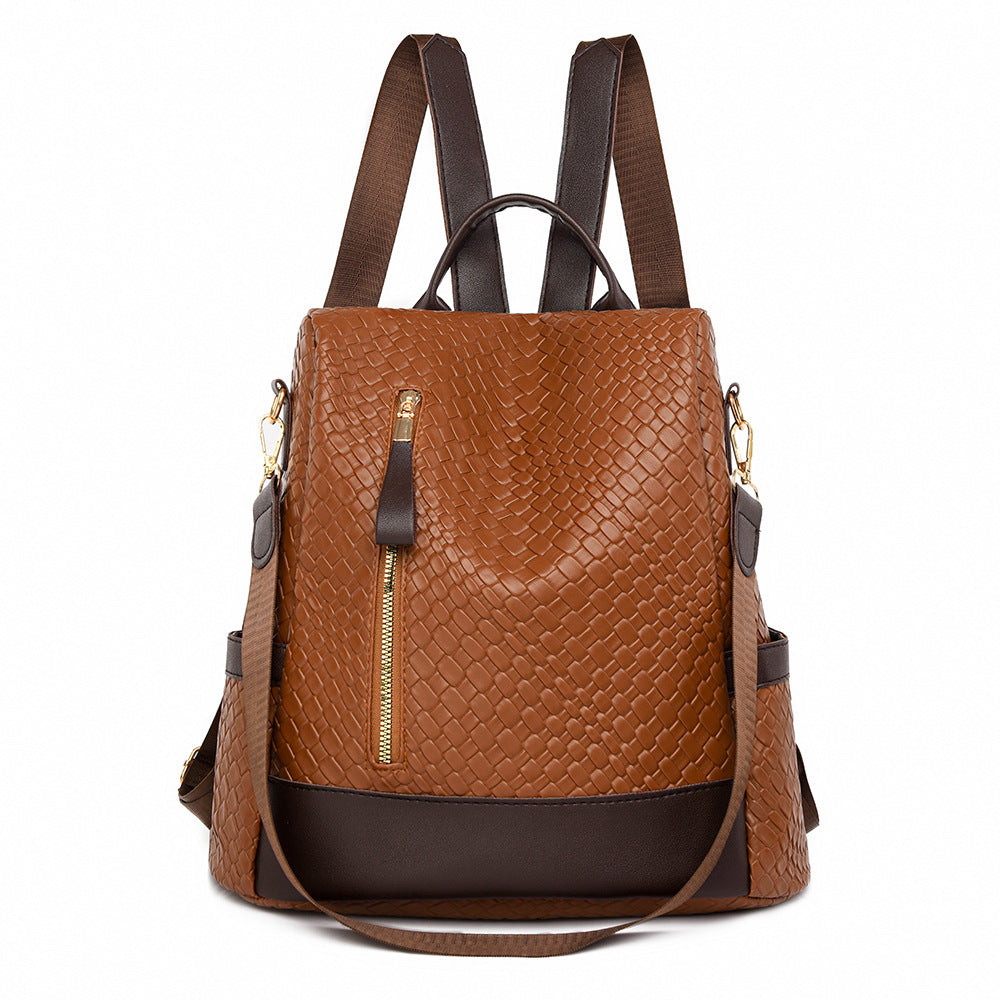 Women's Soft Leather Fashion Color Contrast Woven Backpacks
